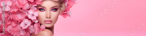 Beauty Art girl blonde with pink flowers in her hair and professional makeup  on a studio pink background banner with copy space. The concept of naturalness of cosmetic products and cosmetology.