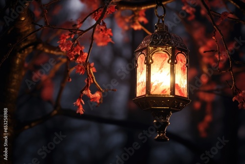 a close-up shot of a glowing lantern hanging from a park tree