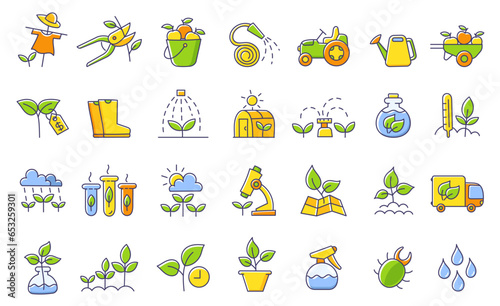 Set of icons. Growing plants. Agriculture and gardener. Sowing seeds. Vector line. Editable outline stroke.