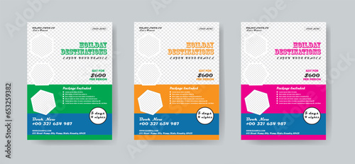 Travel flyer or poster brochure design layout. 3 colorful Travel flyer template for travel agency