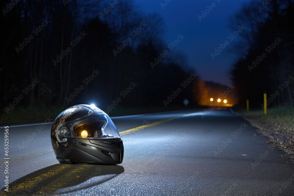 Fototapeta premium helmet on a deserted night road with motorcycles headlight in the background