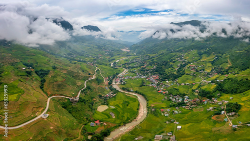 Aerial view of rice field or rice terraces , Sapa, Vietnam. Lao Chai village, Ta Van valley