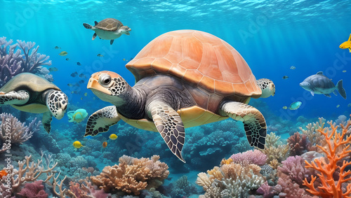  turtle with group of colorful fish and sea animals with colorful coral underwater in ocean. Generative AI