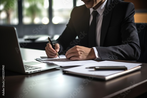 Businesswoman worker or manager in a black suit in a good mood using a laptop and calculator to calculate company income and expenses balance inside the office.