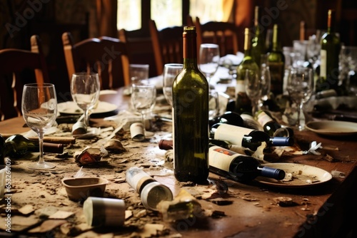 empty wine bottles and glasses strewn across a dining table