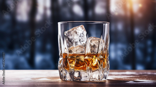 Glass of whiskey with ice cubes on wooden board in winter setting