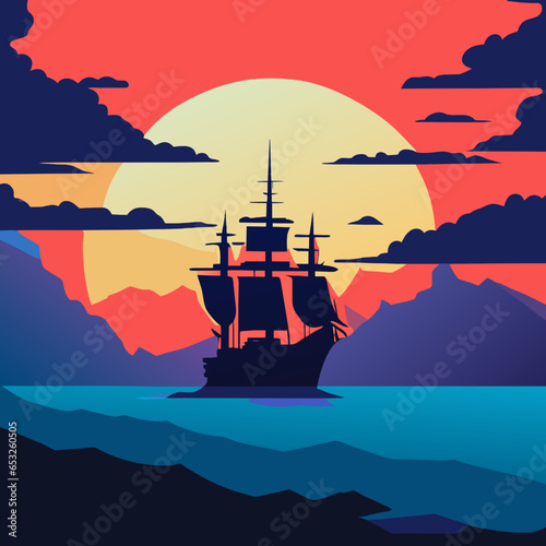 Sailing ship on the background of the sunset. Vector illustration.