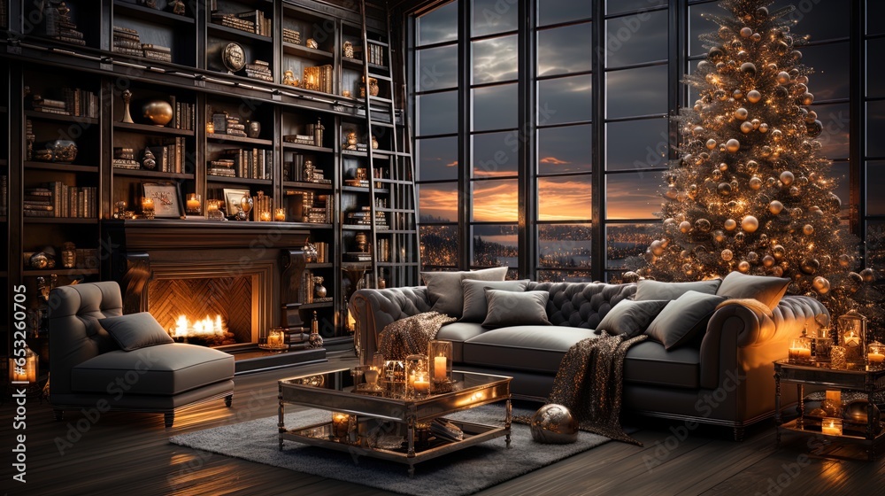 Modern Yuletide Elegance: Cozy Winter Interior with Festive Decor and a Warm Fireplace in 8K created with generative ai technology Modern Yuletide Elegance: Cozy Winter Interior with Festive Decor and a Warm Fireplace in 8K created with generative ai technology