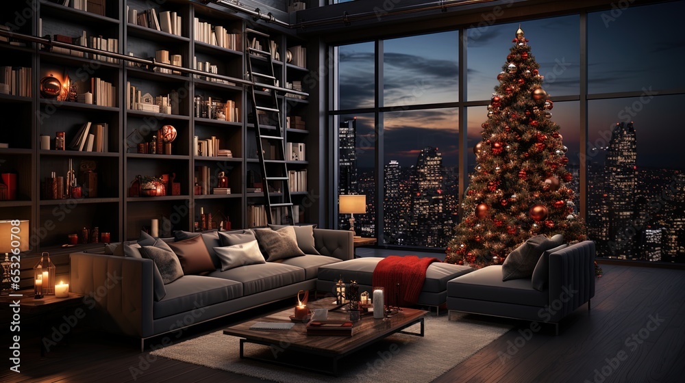 Modern Yuletide Elegance: Cozy Winter Interior with Festive Decor and a Warm Fireplace in 8K created with generative ai technology