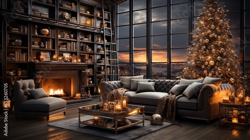 Modern Yuletide Elegance  Cozy Winter Interior with Festive Decor and a Warm Fireplace in 8K created with generative ai technology