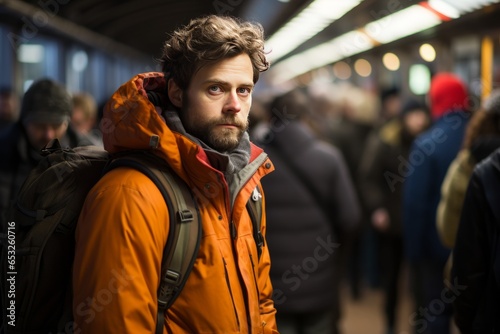  Commuter waiting for a train in a busy subway station, Generative AI