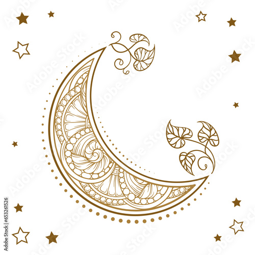 Golden crescent moon temporary tattoo. Ethnic style vector graphic.