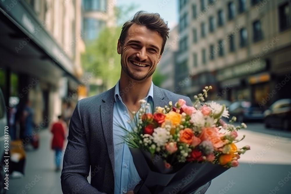 A stylish and confident young businessman on a city street, holding a bouquet of flowers with a charming smile. A stylish and confident young businessman on a city street, holding a bouquet of flowers with a charming smile.