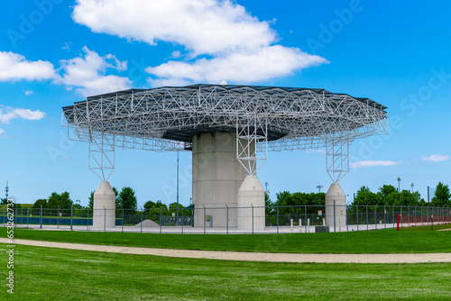 Elevated Very High Frequency (VHF) Omni-Directional Range (VOR) base station for aircraft instrument navigation based in Vernon Hills, IL, United States. 