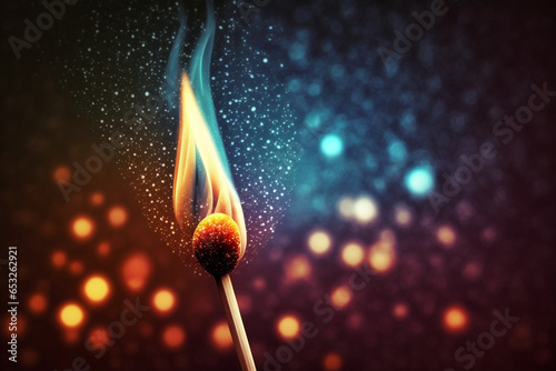 Burning match on a dark background with bokeh effect.