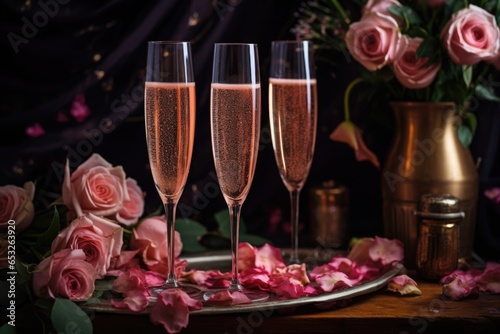 flutes filled with rose champagne around a floral centerpiece
