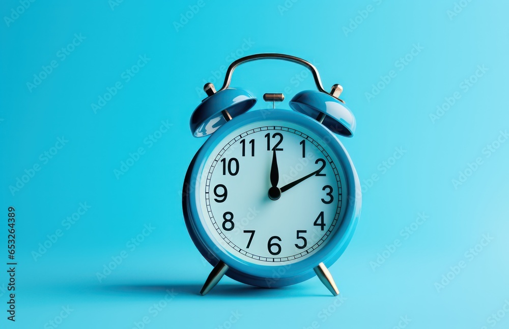 Alarm clock on blue background, Alarm Clock in Close-Up Front View Alarm clock on blue background, Alarm Clock in Close-Up Front View