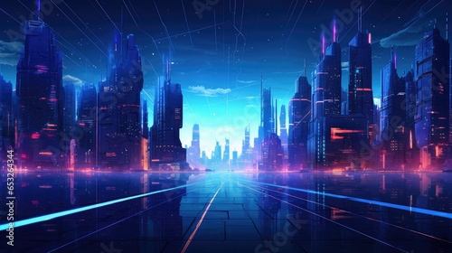 digital futuristic night city illustration building future, street urban, technology background digital futuristic night city