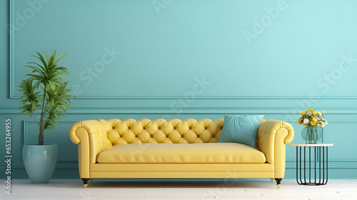 A yellow pastel colored velure luxury sofa in a pastel blue walls living room mock up. photo