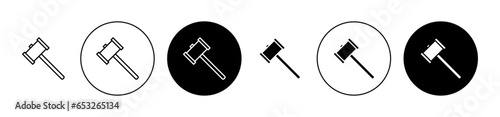 Wooden mallet hammer line icon set in black filled and outlined style. suitable for UI designs