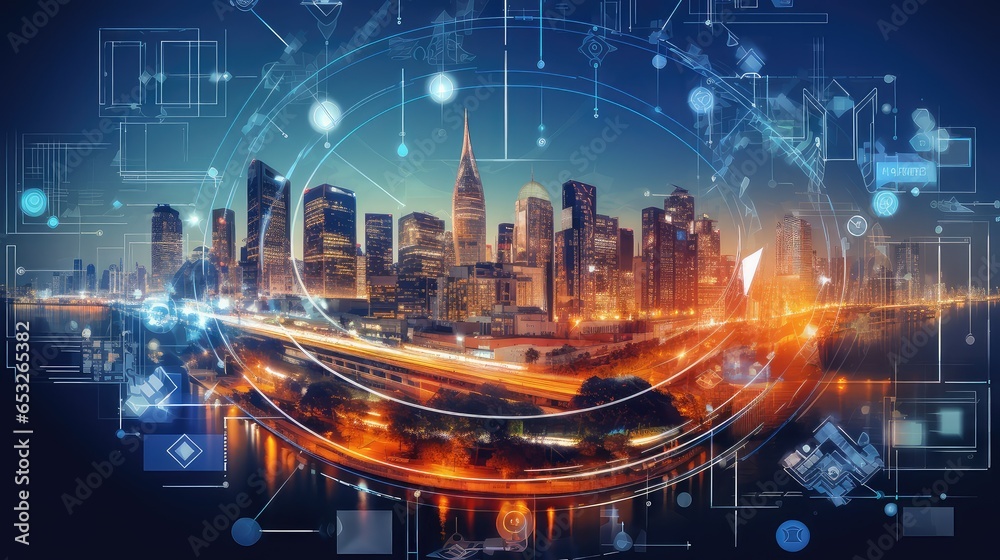 Fotografie wireless smart digital city illustration online smconnect, network futuristic, l