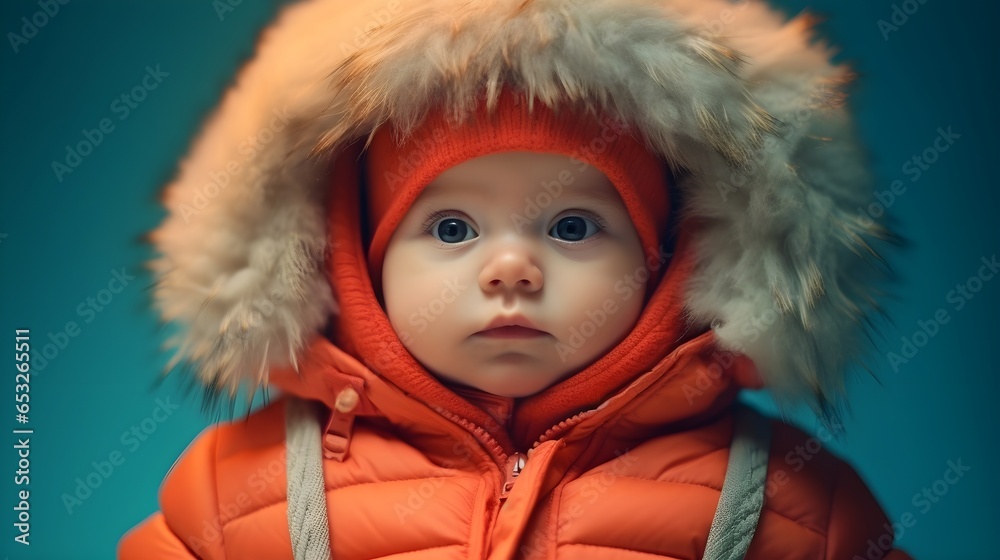 Adorable cute baby wearing a winter jacket, Isolated background