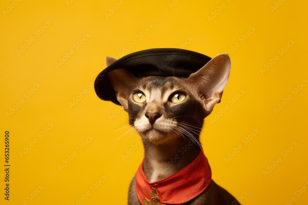 happy oriental shorthair cat wearing a pirate hat isolated on yellow background