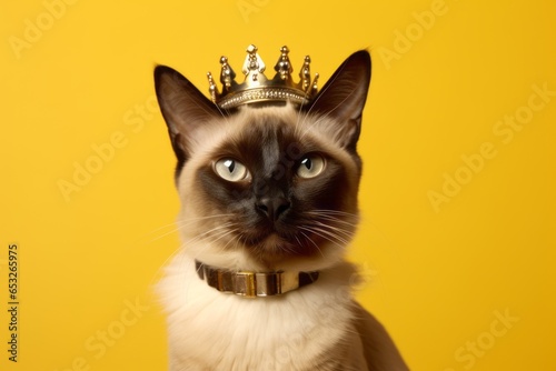 funny balinese cat wearing a royal tiara in front of yellow background