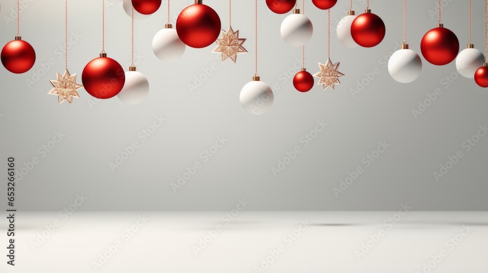 Hanging Red and White Christmas Ornaments with Snowflakes Festive Background Copy Space
Hanging Red and White Christmas Ornaments with Snowflakes Festive Background Copy Space