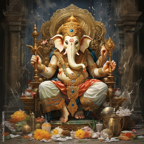 Lord Ganesha. Hindu mythology god Ganesh. Generative ai art.