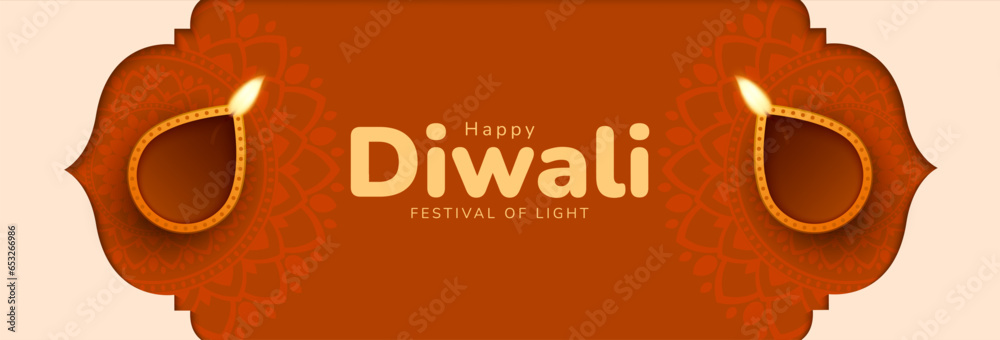 Happy Diwali. Hindi festival of lights holiday celebration banner. Background template design with diya lamp decoration .Vector illustration - obrazy, fototapety, plakaty 