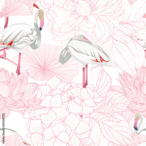 Seamless pattern with white flamingos and pink line garden roses, hydrangea flowers. Simple design to fabric. Light pattern. White background.
