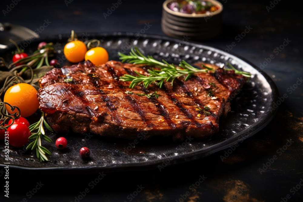 the grilled meat on a plate was placed on a table taken from a high angle with empty space around it