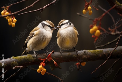 two birds squawking on a tree branch photo