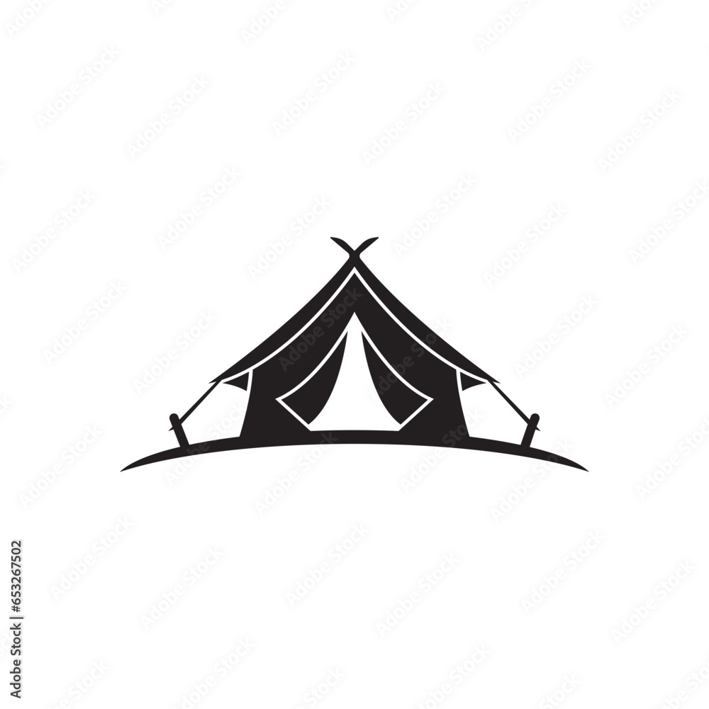 Vintage camping and outdoor adventure emblems, logos and badges. Camp tent in forest or mountains. Camping equipment. Vector.