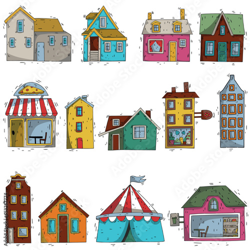 city creator. set of doodle hand drawn houses, cafeterias, shops, ready for print cool stickers for kids .