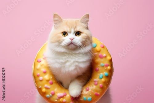 smiling munchkin cat wearing a donut costume in front of warm taupe background