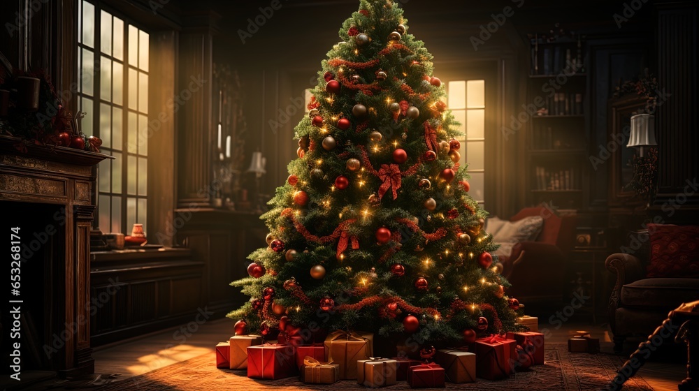 Contemporary Yuletide Elegance: Modern Christmas Tree in a Festively Decorated Urban Home in 8K created with generative ai technology