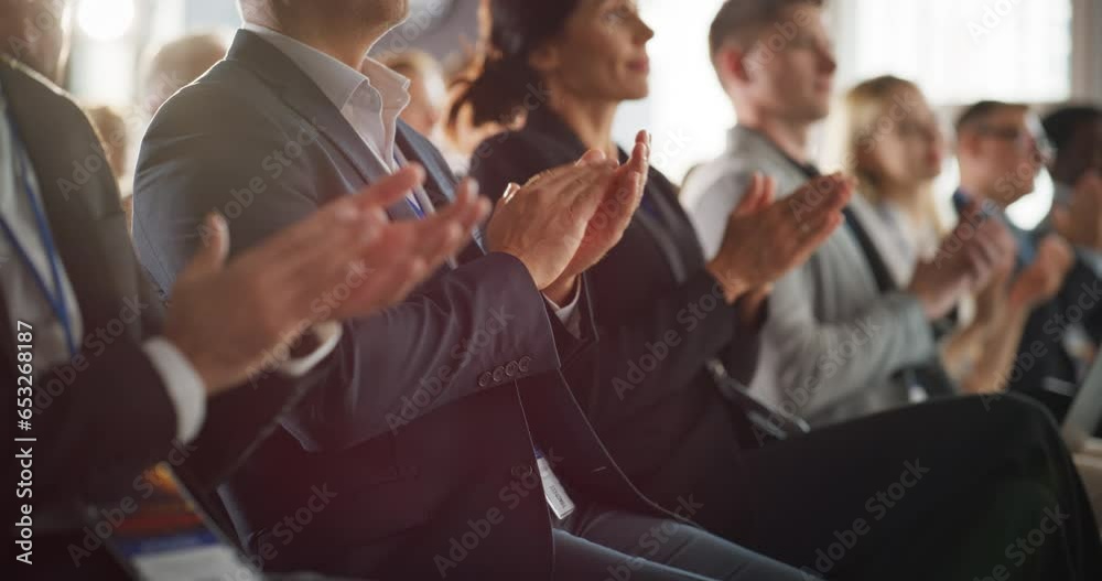 Close Up on Hands of Audience Applauding in Concert Hall During Business Forum Presentation. Technology Summit Auditorium Room With Corporate Delegates. Entrepreneurs Clapping, Slow Motion. Close Up on Hands of Audience Applauding in Concert Hall During Business Forum Presentation. Technology Summit Auditorium Room With Corporate Delegates. Entrepreneurs Clapping, Slow Motion.