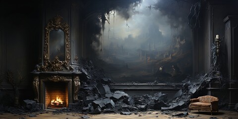 Fototapete Grau 2 Generative AI, gothic ruined black interior and landscape in the style of gloomy fantasy   © DELstudio