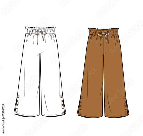 women wide leg elastic waist drawstring pant flat sketch vector illustration