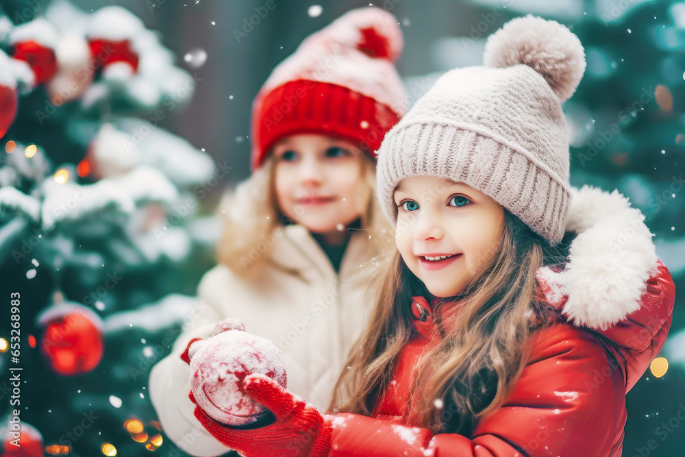 Winter family holidays. Cute small girls hold new year balls near snowy fur tree. Concept of Merry Christmas and happy New Year. Winter outdoor activities. Lifestyle