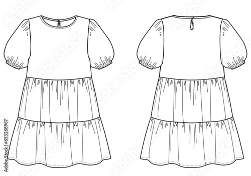 women puff short sleeve,smocked hem,flowy, babydoll dress fashion vector,cad