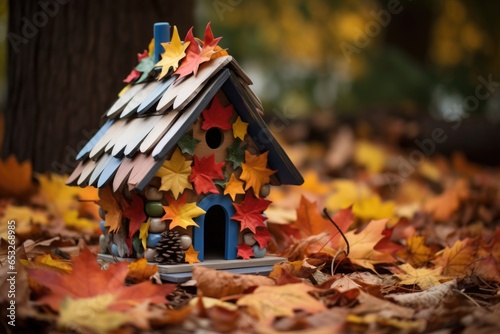 Fotografia birdhouse decorated with fallen leaves