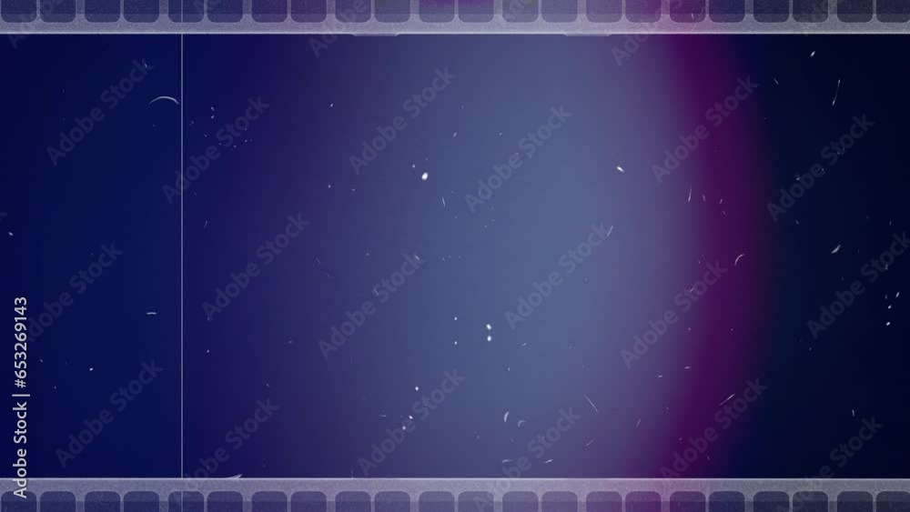 Vintage looping film strip background. 4K reel clutter old tv grain noise frame. Videotape texture overlay with scratches and dirt stains. Lens flare light leaks effect