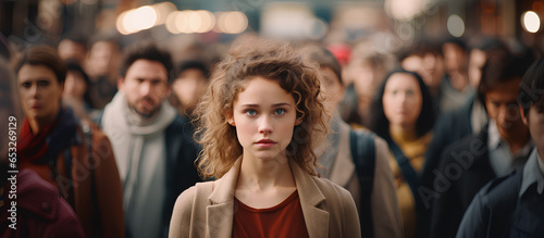 A young beautiful woman looking at camera in middle of a big crowd of people in the city.
 photo