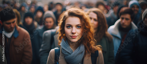 A young beautiful woman looking at camera in middle of a big crowd of people in the city.
