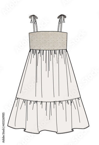 women tiered A line lace trim detail dress ,tie strap summer dress ,fashion vector,cad
