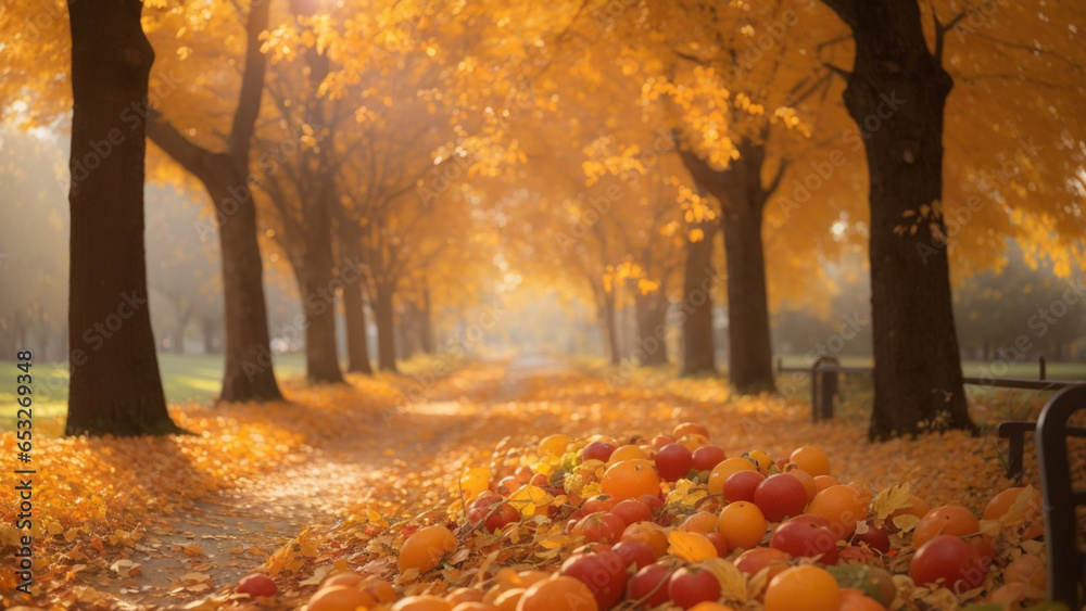 Viale nel parco con alberi multicolori nella stagione autunnale - giallo, arancione e rosso - obrazy, fototapety, plakaty 