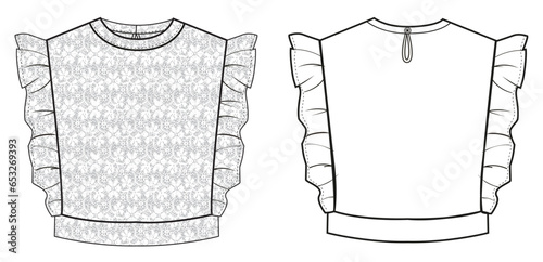 girl,women,ruffle sleeve,lace fabric,top,tshirt,fashion vector,cad	
